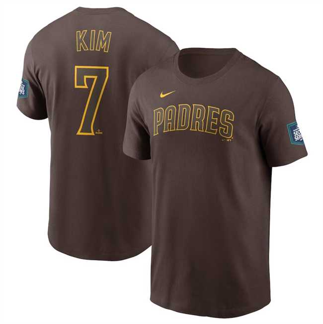 Men's San Diego Padres #7 Ha-Seong Kim Brown 2024 World Tour Seoul Series Name & Number T-Shirt,We sell and wholesale Men's San Diego Padres #7 Ha-Seong Kim Brown 2024 World Tour Seoul Series Name & Number T-Shirt on line form chian!